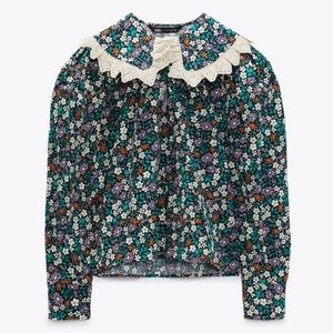Zara Floral Printed Blouse with Ruffle and Lace Trim
